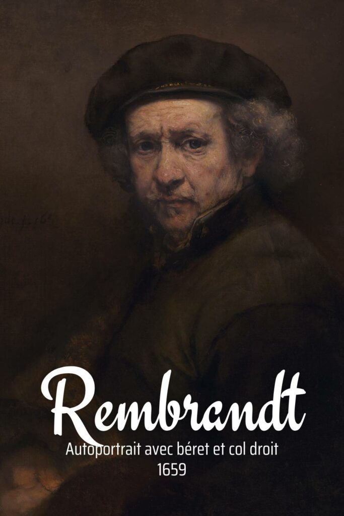 Rembrandt, Autoportrait avec béret et col droit, 1659, explorant l'intensité des expressions faciales et le clair-obscur caractéristique de son style.