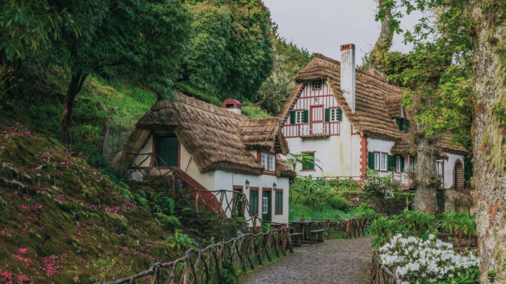 Maison traditionnelle en chaume de Santana à Madère, entourée de végétation verdoyante.