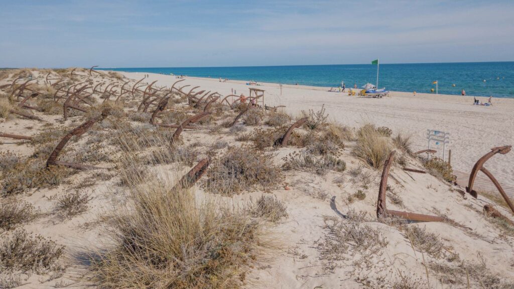 Praia do Barril, plage tranquille sur l'île de Tavira avec cimetière des ancres, Algarve, Portugal