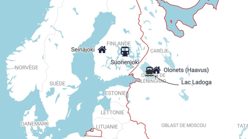 Carte des lieux de l'histoire du livre "Quand les oiseaux reviendront" de Merja Maki, avec la Carélie finlandaise avant et après la Guerre d’Hiver.