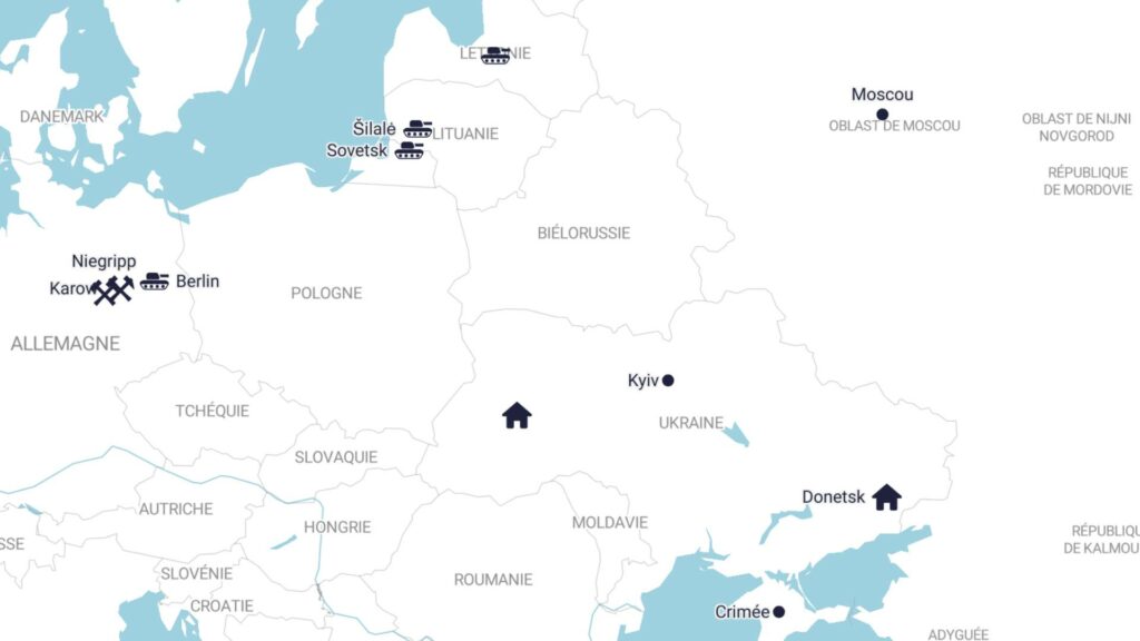 Carte des lieux de l'histoire du livre Le loup du Donbass de Sasha Vasilyuk : Naissance de Yefim, lieux où il a habité en Ukraine, lieux où il s'est battu pendant la guerre, lieux ou il a été prisonnier en Allemagne, Berlin...